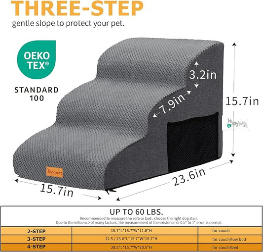 Topmart 3 Tiers Foam Dog Ramps/Steps,Non-Slip Dog Steps,Extra Wide Deep Dog Stairs,High Density Foam Pet Stairs/Ladder,Best for Older Dogs,Cats,Small Pets, Grey