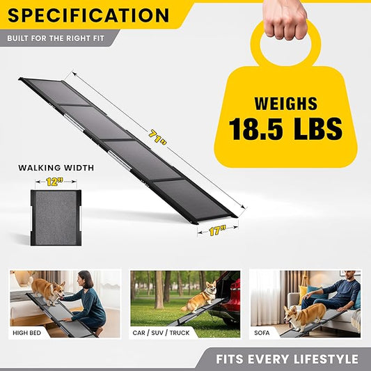 Portable Dog Ramp for Car – Foldable Dog Car Ramp for Truck, SUV, High Bed & Sofa with Anti-Slip Feet & Traction Carpet – Small to Large Breeds (71" Long & 17" Wide)