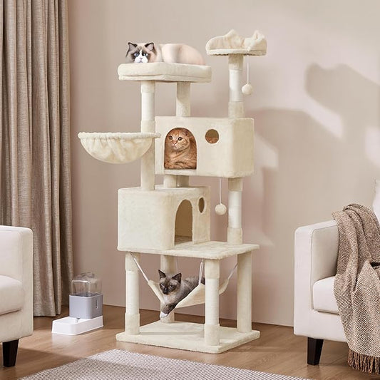 Yaheetech 64.5in Cat Tree Cat Tower Scratching Post, Plush Cover Cat Condo Bed Furniture with Hammock, Platform, Perch for Extra Large Cats as Playing House