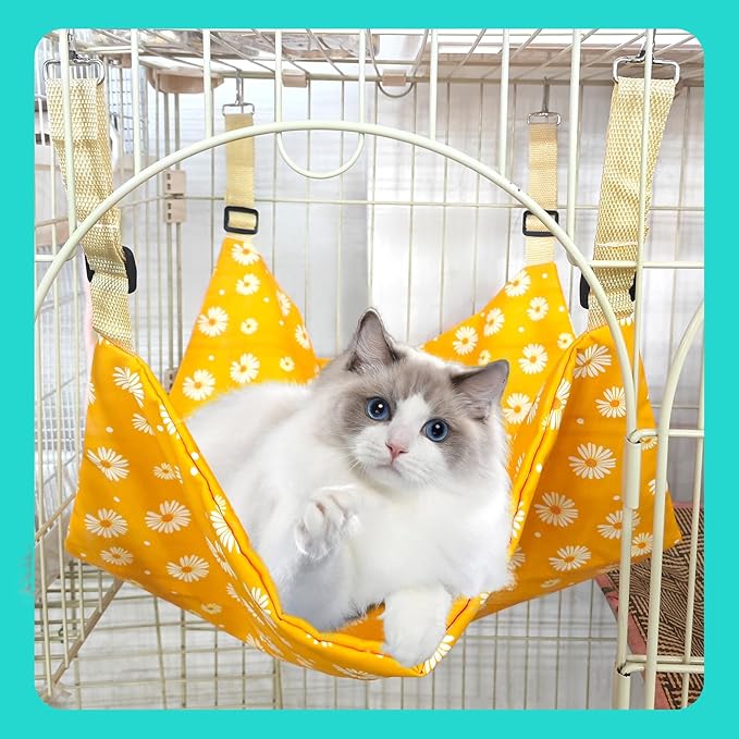 Andiker Cat Hammock for Cage Hanging, Reversible Kitten Cage Hammock with Metal Hooks for Cats for Sleeping and Playing, 22 * 18 in Double-Layer Hanging Cat Bed to Hang in Cages (Yellow, L)