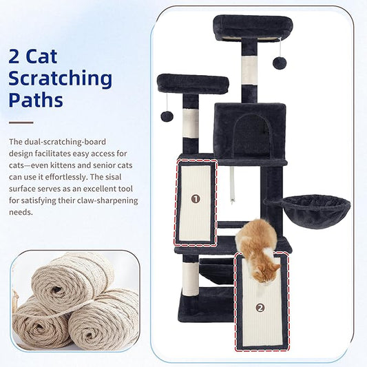 Multi-Level Cat Tree for Indoor Cats, Cat Tower with 2 Scratching Boards, 2 Plush Padding Platforms, Cat Condo House with Hammock, Basket, Smoky Gray GCT022G