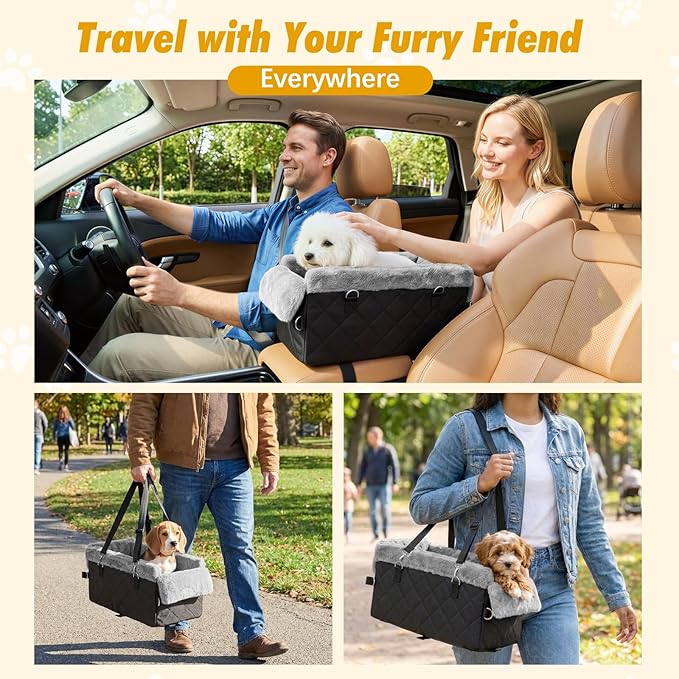 Dog Car Seats for Small Dogs,Center Console Dog Car Seat with Non-Slip and Strong Support,Anti-Collapse Portable Pet Bed for Puppies with Soft Cushion Safety Belt, Small Dogs, Cats Under 12 LBS, Black