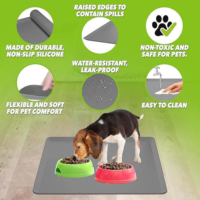TidyFriend Pet Food Mat - 24” x 24”, Pet Tray for Food and Water, Dog Food Mats, Silicone Cat Food Mat, Non Slip Pet Food Mat, Dog Bowl Mat Waterproof, Pet Supplies(Dark Grey)