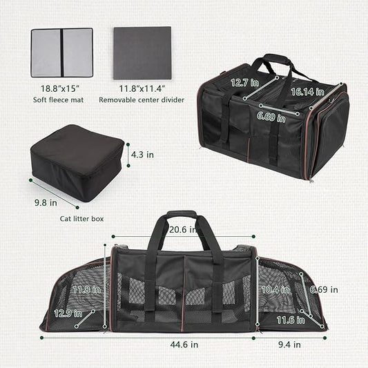 Expandable Cat Carrier for 2 Cats, Double Compartment Large Pet Carrier for Long Distance Car Travel, Includes 2 Portable Litter Boxes, Foldable Multi-Cat Travel for Road Trips & Camping, Black