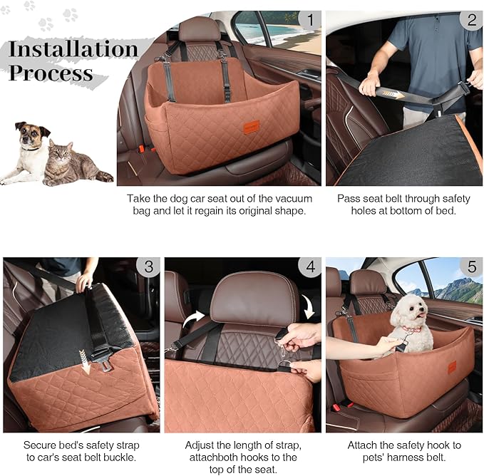 Wooaidagg Dog Car Seat for Medium & Large Dogs Up to 55lbs, Memory Foam Cushion, Washable Cover, Safety Straps & Non-Slip Base (Brown, Large)