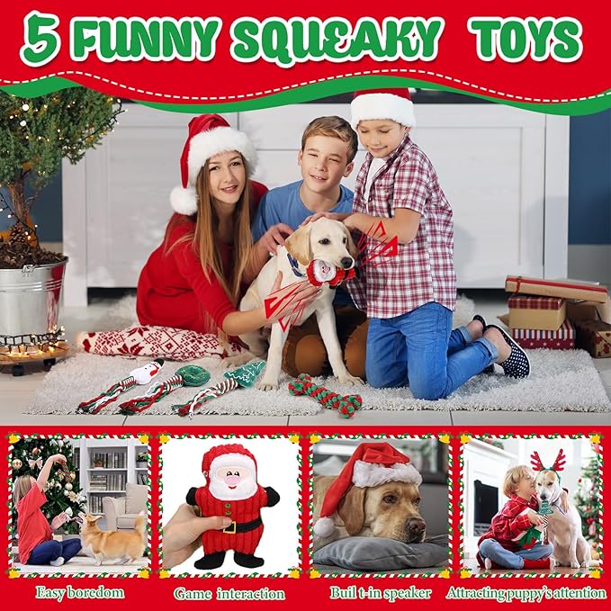 Vinsot 12 Pack Christmas Dog Gifts Large Dog Chew Toys for Aggressive Chewers Red Green White Teething Toys with Dental Rope Squeaky Balls and Chew Bone for Medium Large X-Large Breeds Dogs
