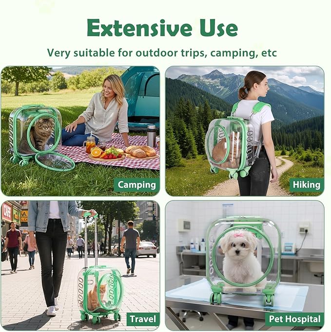 Pet Carrier with Wheels for Cats and Dogs, Clear Hard-Shell Rolling Pet Carrier with Retractable Handle, Airline-Approved Travel Carrier, Portable Cat and Dog Stroller (Green)