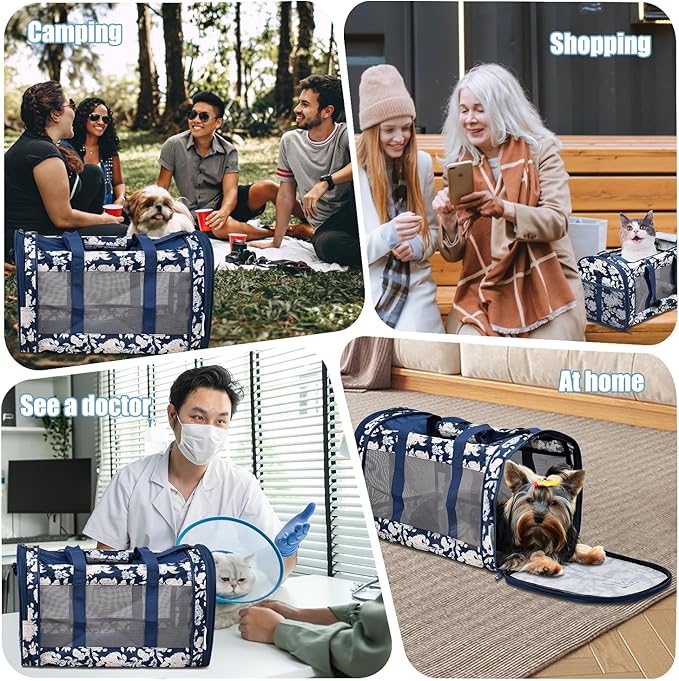 Soft-Sided Kennel Pet Carrier for Small Dogs, Cats, Puppy, Airline Approved Cat Carriers Dog Carrier Collapsible, Travel Handbag & Car Seat (Blue White Floral, 19" L x 11" W x 11" H)