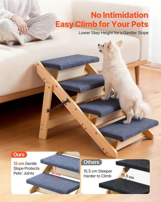 VEVOR Wood Pet Stairs, 4-Step Dog Stairs for Beds, Sofa & Cars, 150lbs Load Capacity, Floded Flat Design, Stable & Sturdy Cat & Dog Step Ladder for Small Medium Large Older Pet Puppy Essentials