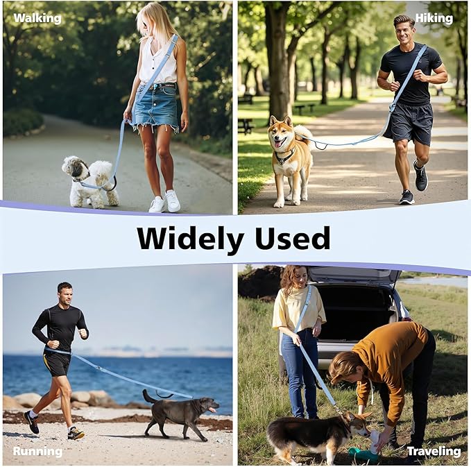 Hands Free Dog Leash, 8.5ft Adjustable Hands Free Leash for Medium Dogs, Versatile Handheld Crossbody Waist Lead with 3 Rings, Easy Adjust for Running Jogging Walking, Sponge Handle, Blue