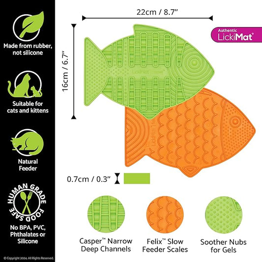 Lickimat Casper & Felix, Fish-Shaped Cat Slow Feeders Lick Mat, Boredom Anxiety Reducer; Perfect for Food, Treats and Anxiety Reduction. (Green & Orange)
