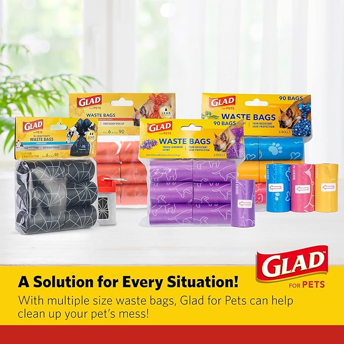 Glad for Pets Scented Waste Bags, Tear Resistant Pet Poop Pick-up Bags with Leak Protection, Lemon Scent, Multicolor Designs, 6 rolls, 90 bags total