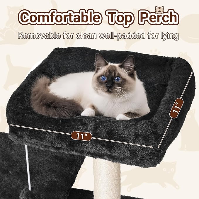 54 Inch Multi-Level Cat Tree Tower with Hammock, Condos & Scratching Posts, Large Cat Furniture for Indoor Cats with Pompoms, Black