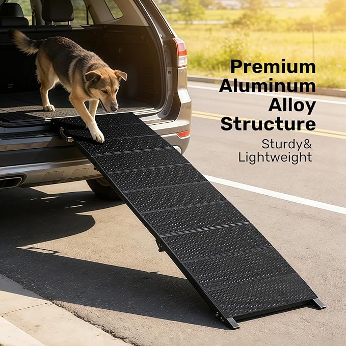71" Extra Long Dog Ramp for Large Dogs, Heavy Duty Metal Frame Pet Ramp for High SUVs, Trucks and Cars, Portable Folding Travel Dog Ramps with Safety Latch, Supports up to 350lbs
