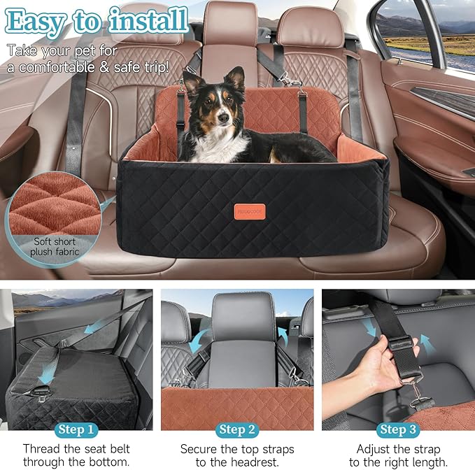 HEGGCOOE Dog Car Seat for Medium/Large Dogs, Pet Booster Seat for Under 55 lbs or 2 Small Dogs, Detachable & Washable Dog Car Bed for Backseat with 2 Safety Leashes(Black/Brown)