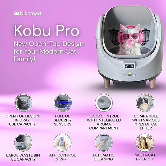 Open-Top Self Cleaning Litter Box, 68L Large Capacity for Multi Cats - Automatic Litter Box New Gray Design with App Control & Fragrance Dispenser for a Fresh Home