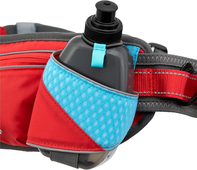 Kurgo On Trail Running Belt - Hands Free Running Belt for Dogs - Adjustable Dog Running Belt - Reflective Jogging Gear - Quick Access Pouch - BPA Free Water Bottle - Red/Blue/Gray