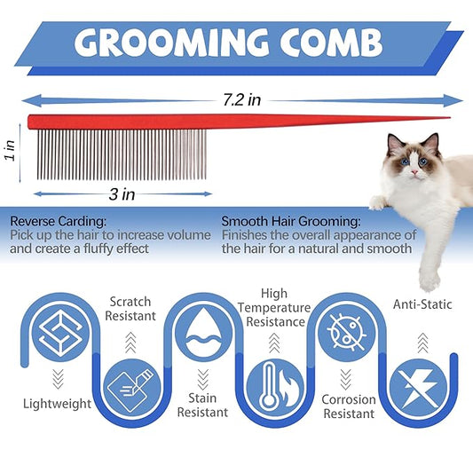 Grooming Pet Comb Rat Tail Dematting Cat and Dog Comb,Rounded Ends Design for Safe Tangle Removal, Hairstyling, Massage,Loose Hair Removal,Prevent Irritation,Fluffing Paws,Face,Tail,Remove Tear Stain