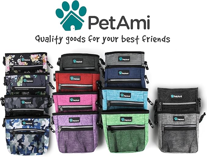 PetAmi Dog Treat Pouch, Pet Treat Pouch For Training, Dog Walking Bag Holder for Kibbles, Pet Food Toy, Dog Trainer Essentials Supplies, Poop Bag Dispenser, 3 Ways to Wear (Black)