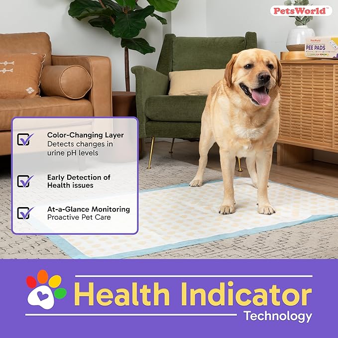 PetsWorld Health Monitoring Dog Pee Pads 37"x54" 25 Count – XXXL Color-Changing Pet Pee Pads for Dogs & Pets, Leak-Proof Super Absorbent Dog Training Pads with Odor Control