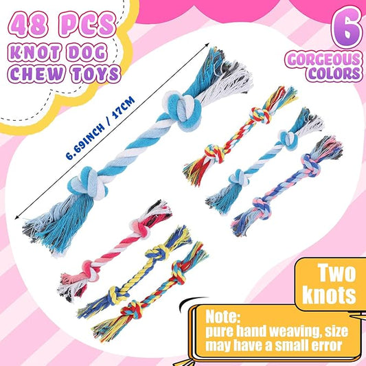 Syhood 48 Pcs Dog Toys Bulk Chew Ropes Dental Cotton Teething 2 Knot Tug of War Toy for Aggressive Chewers Small and Medium Dogs Puppies