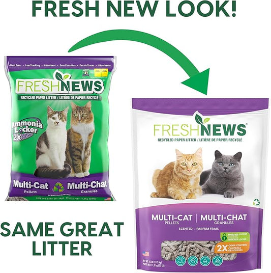 Fresh News Recycled Paper Multi-Cat Pellet Non-Clumping Paper Cat Litter, 25 Pound, 2X Odor Control, Made in USA