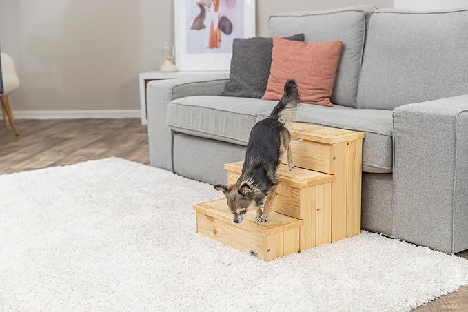 Trixie Wooden Dog Stairs with Nonslip Carpet - 3 Step Pet Stairs for Beds and Couches - with Additional Storage Space - in Natural