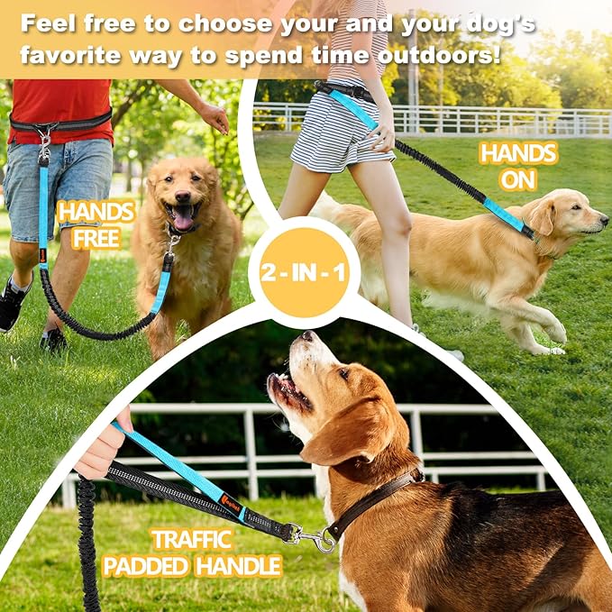 Hands Free Dog Leash, Adjustable Waist Leash for Dog, Handle Bungee 4.2-6.7 Feet Long with Reflective Stitches for Walking Hiking Running, Fits 26"- 43" Waist, Black & Blue