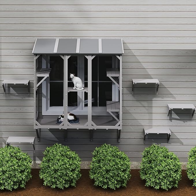 Cat Catio, Expandable Window Box Enclosure for Multiple Indoor Cats, Comfortable Wooden Small Pet Perch House, All-Weather Use, Keep Bugs Insects Out, with 4 Platforms and 3 Doors