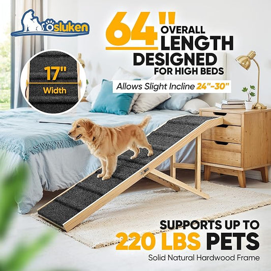 ππππ ππ©π π«ππππ Dog Ramp for Bed, 64" Long Foldable Pet Ramp for Small Large Dogs, Dog Ramps for High Beds Car, High Traction with Platform 6 Adjustable Heights 24" to 30" Up to 220LBS Black