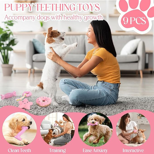 9Pack Pink Puppy Toys for Teething Treat Interactive to Keep Them Busy, Cute Soft Rubber Toy for Small Dogs, Girl Puppy EssentialsPink