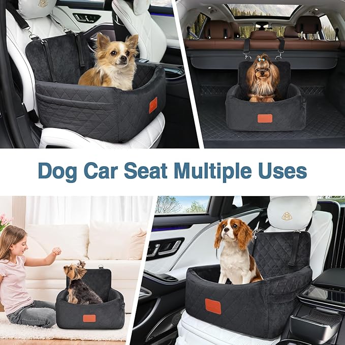 WOOAIDAGG Dog Car Seat for Small Dogs Under 30lbs, Washable Pet Travel Car Bed with Memory Foam,Fully Detachable Cover,2 Storage Pockets & Safety Leash,Non-Slip Bottom(Black)
