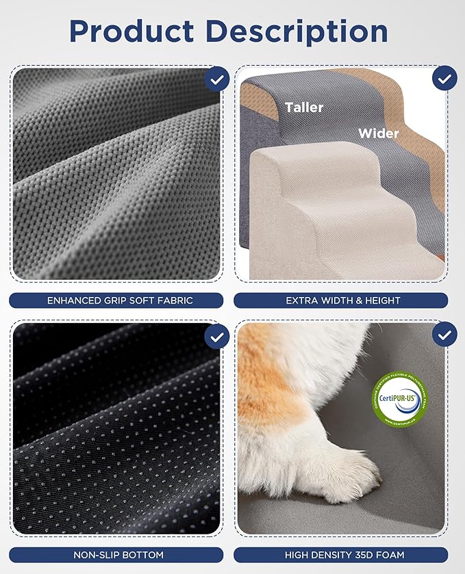 Beige Curved Dog Stairs Ramp for High Beds 22.8" H, 4-Step Dog Steps for Couch Sofa and Chair, Pet Stairs for Cats, Non-Slip Balanced Pet Steps