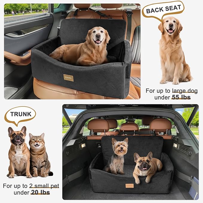 JOEJOY Dog Car Seat for Large Medium Sized Dogs Under 55 lbs, Dog Booster Seat for 2 Small Dogs with Detachable Washable Cover, Memory Foam Pet Car Seat with 2 Safety Belts and Storage Pockets