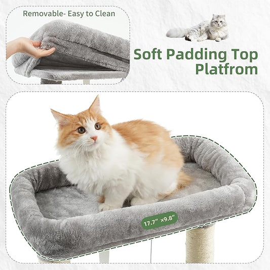 Cat Tree for Indoor Cats, 55.1 inch Cat Tower with 7 Sisal Scratching Posts, Multi-level Cat Condo wit Large Play Platform Furry Ball, Cat Cave, 2 Padded Perches, Basket, Light Gray GCT013W