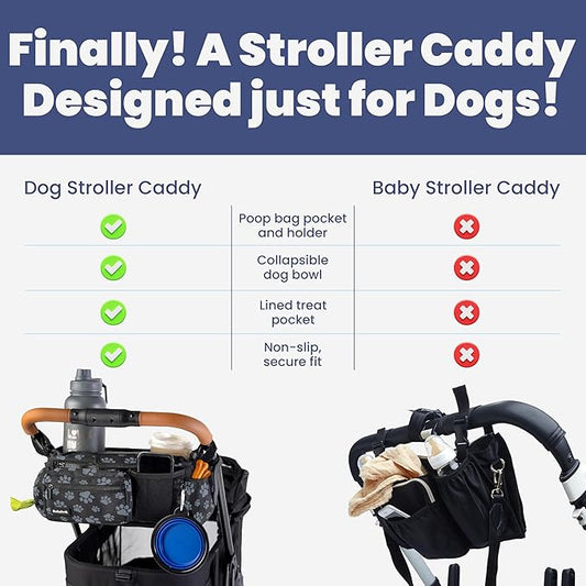 Dog Stroller Caddy Organizer with Poop Bag Dispenser, Treat Pocket, Water Bowl – Dog Stroller Accessories with Insulated Cup Holders, Pet Storage & Non-Slip Fit for 14"-19" Wide Handlebars - Paws