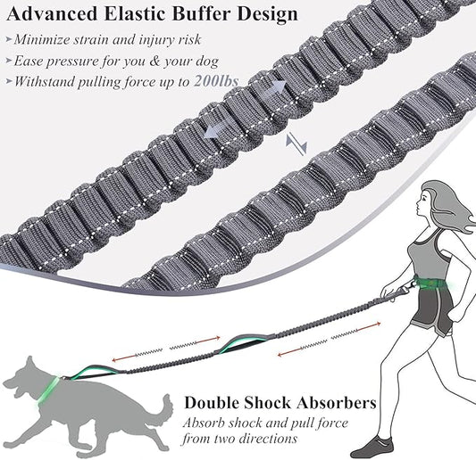 VIVAGLORY Hands Free Dog Leash Bungeetwin Running Dog Leash with Waist Belt for Running Walking & Jogging, Bungee & Around Waist for Pet, S, Grey/Turquoise