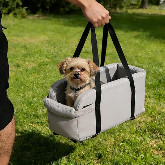 Waterproof Faux Leather Center Console Dog Car Seat, 2-in-1 Portable Puppy Carrier & Armrest Booster Seat for Small Dogs, Easy-to-Clean Tech Fabric, Sturdy Cushioned, Anti-Collapse Walls, Under 11 lbs