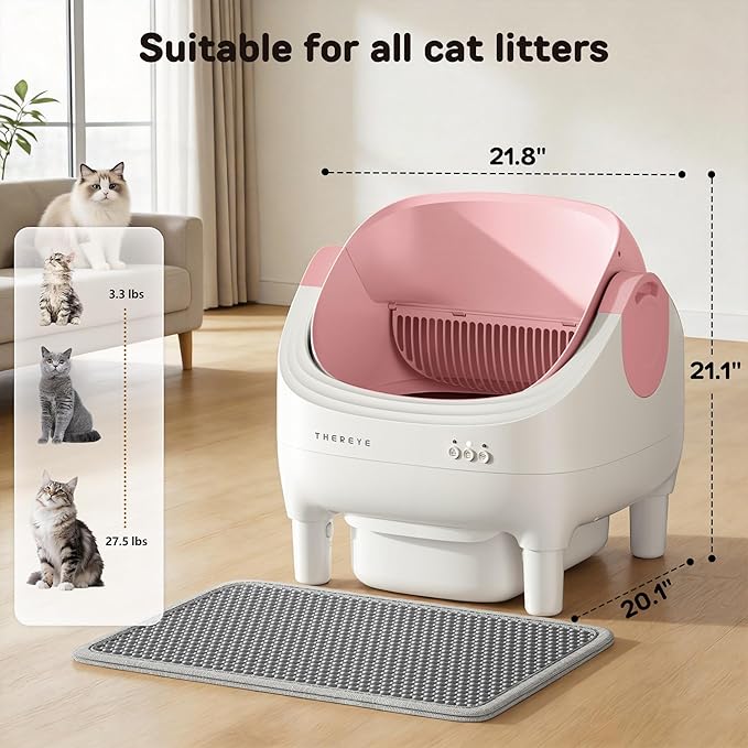 Thereye Self Cleaning Cat Litter Box, Open-Top Automatic Litter Box with APP Control, Safety Sensor and 10L Large Waste Bin, Smart Kitty Litter Boxes with Trash Bags and Mat for Multiple Cats