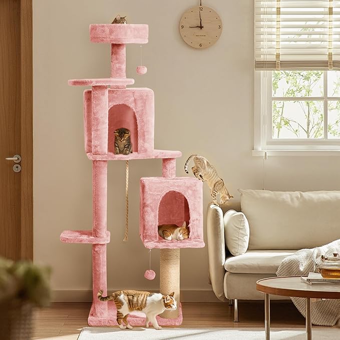 58in Large Cat Tree Tower for Indoor Cats with Soft Plush Hang Ball, Two Condos, Sisal Scratch Posts & Rope Play for Kittens/Adult Cats, Pink