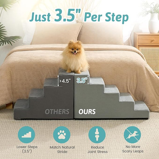 Dog Stairs for Small Dogs 17.7" H, 5 Step Gentle Incline Pet Step for Couch and Beds, Right-Angle Dog Ramp for Puppy Doggie Senior Cats, 17.7x29.5x17.7 Inch, Grey