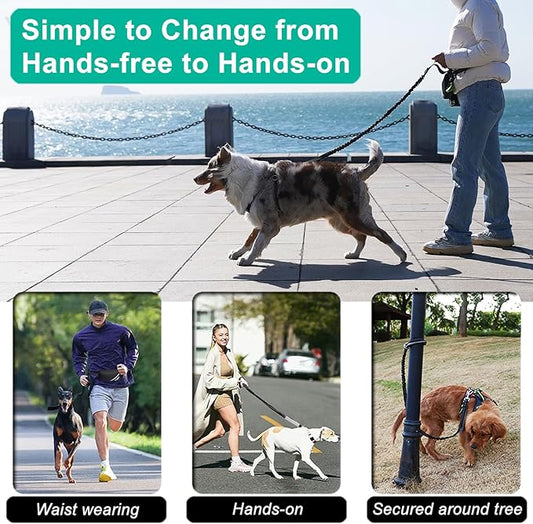 Hands Free Dog Leash with Pouch, Waist Leash for Dog Walking with Water Bottle Holder, Reflective Stitching, Dual Handle, Bungee Retractable Running Medium to Large Black 25-120 lbs