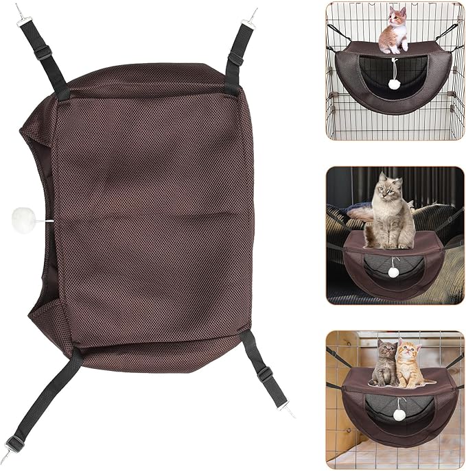 YARNOW Small Pet Hanging Bed Breathable Cat Hammock with Mesh Fabric Summer Washable Cat Cage Hammock Cozy Kitten Sleeping Nest (Coffee, S)