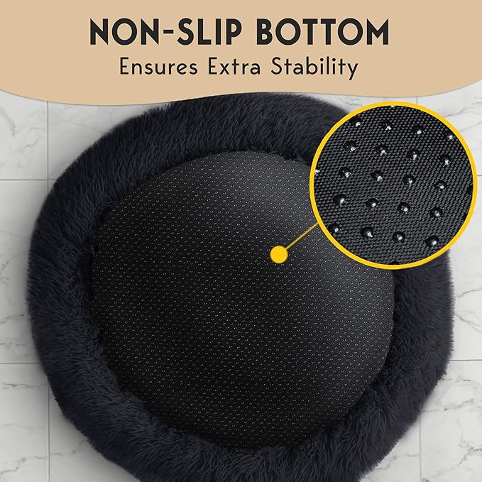 PetJett Large Dog Bed - 36'' Calming Donut Dog Beds, Anti-Slip & Washable Large Round Bed, Fluffy Faux Fur Pet Bed, Super Soft Anti-Anxiety Premium Comfort Bed, Fits Dogs up to 80 lbs - Black