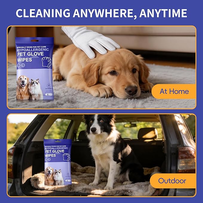 Pet Glove Wipes for Dogs Cats, Grooming Deodorizing Puppy Face Paws Fur and Butt Gloves Wipe, Unscented Extra Thick Travel Cleaning Care Hypoallergenic No Rinse Disposable Bathing Dog Wipes, 24 Pcs