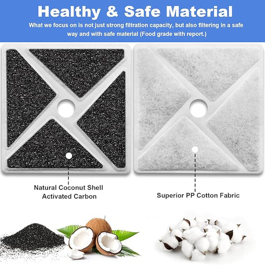 Kastty 14L/3.8Gal Large Dog Water Fountain Replacement Filters 6 Pack, Largest 9", Square Ultrafiltration, More Activated Carbon, Food Grade, 6 Fountain Filters + 6 Pump Filters + 1 Circle Filter