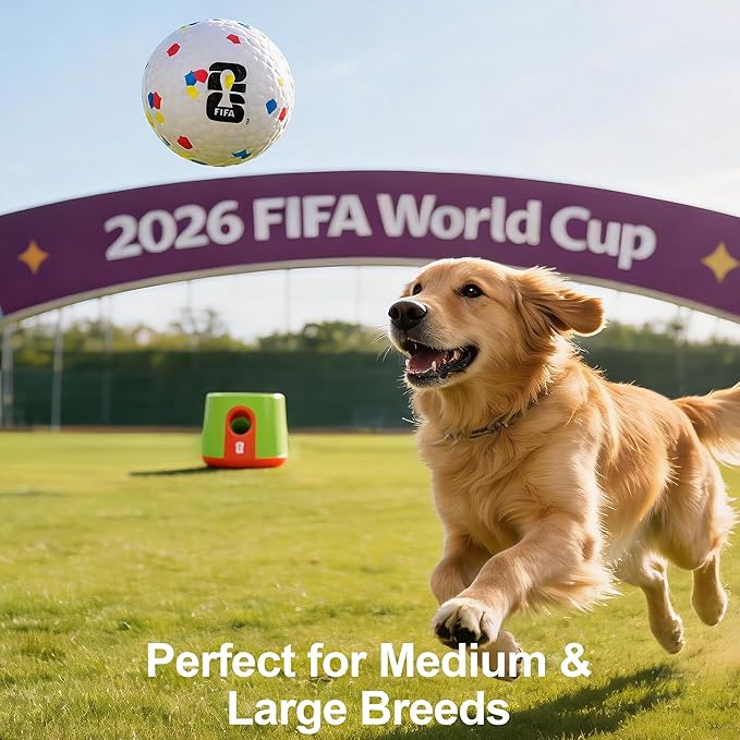 Official FIFA World Cup 2026 Edition - Dog Automatic Ball Launcher for Large Dogs Ball Thrower Machine Outdoor Indoor Use Interactive Dog Toy, Included 3 Rubber Fetch Soccer Balls