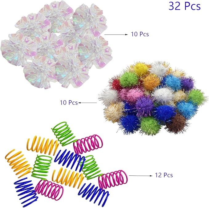 32 Pcs Crinkle Balls Cat Toy and Cat Spring Toy, 12 Pcs Mylar Crinkle Ball, 10 Pcs Cat Spiral Spring, 10Pcs Sparkle Balls Tinsel poms, for Cats Kittens Playing Interacting