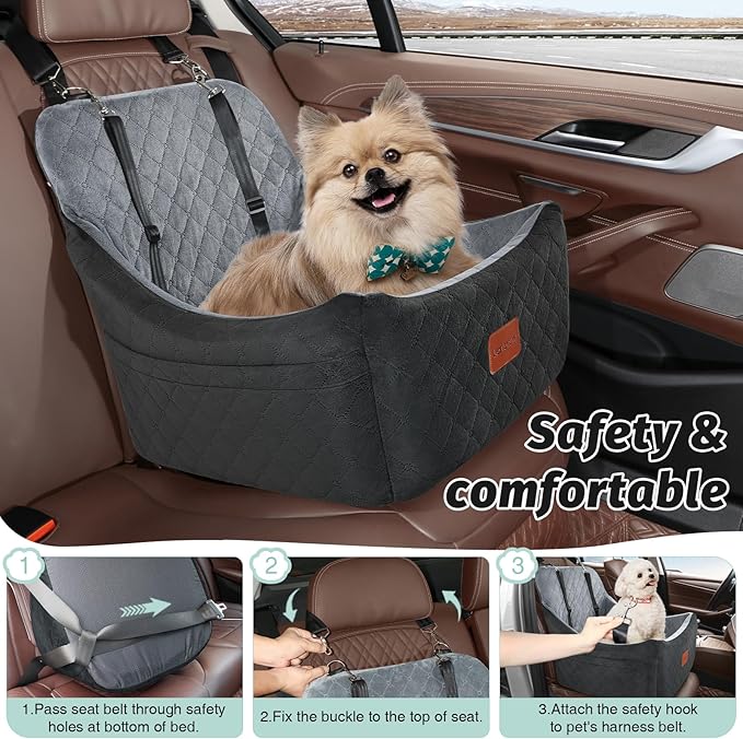 Lealchum Dog Car Seat for Medium Dogs Up to 40lbs,Fully Detachable and Washable,Memory Foam Covered Soft Fabric,Easy to Install with Adjustable Straps,Anti-Slip Base,2 Side Pockets(Black/Grey,Medium)