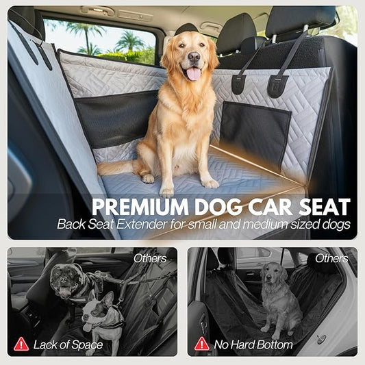 Dog Car Seat Cover with Hard Bottom – Back Seat Extender for Small & Medium Dogs, Waterproof & Non-Slip Hammock, Reinforced & Stable Design with Storage Pockets for Cars, SUVs & Trucks (Gray)